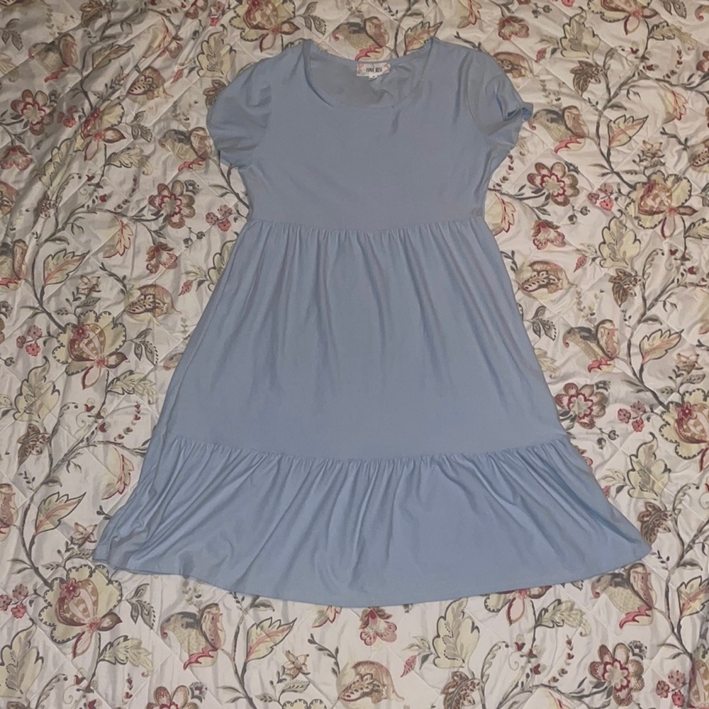 baby blue, medium, pink rose, tiered dress